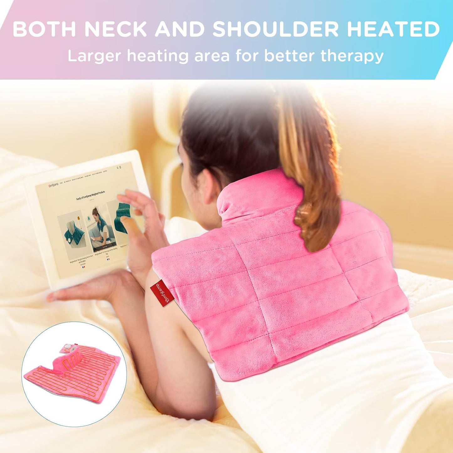 Comfytemp Heating Pad for Neck and Shoulders and Back, Weighted Electric Heat Pad for Pain Relief, 2.6lb Large Heated Wrap, 9 Heat Levels, 11 Auto-Off, Gifts for Women Mom Wife, Pink