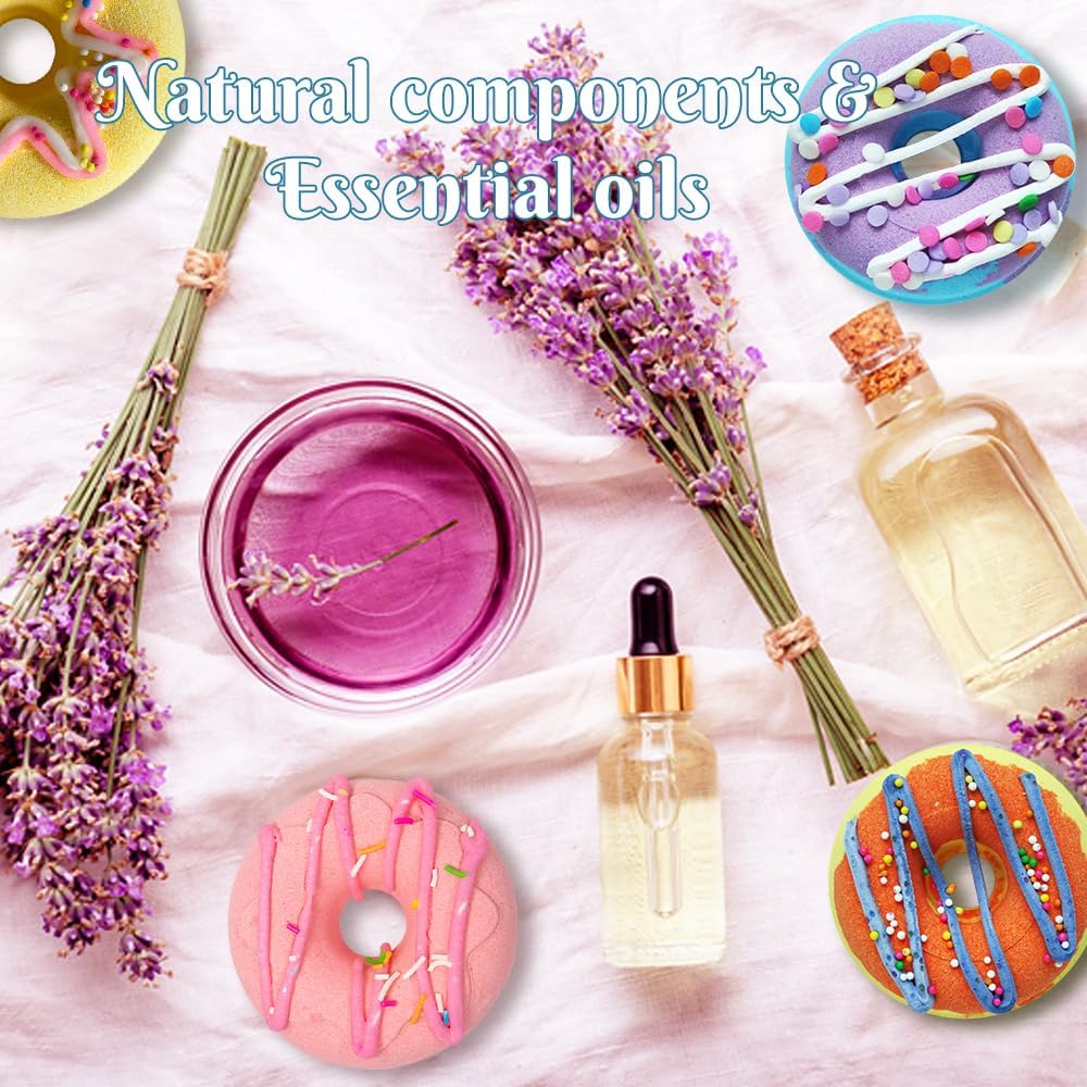 KAV Donut Bath Bombs Gift Set – 4 Piece Handmade Organic Bath Bomb Kit with Essential Oils – Relaxation Spa Gift for Women, Men, Teens, Kids – Self Care & Aromatherapy Soak