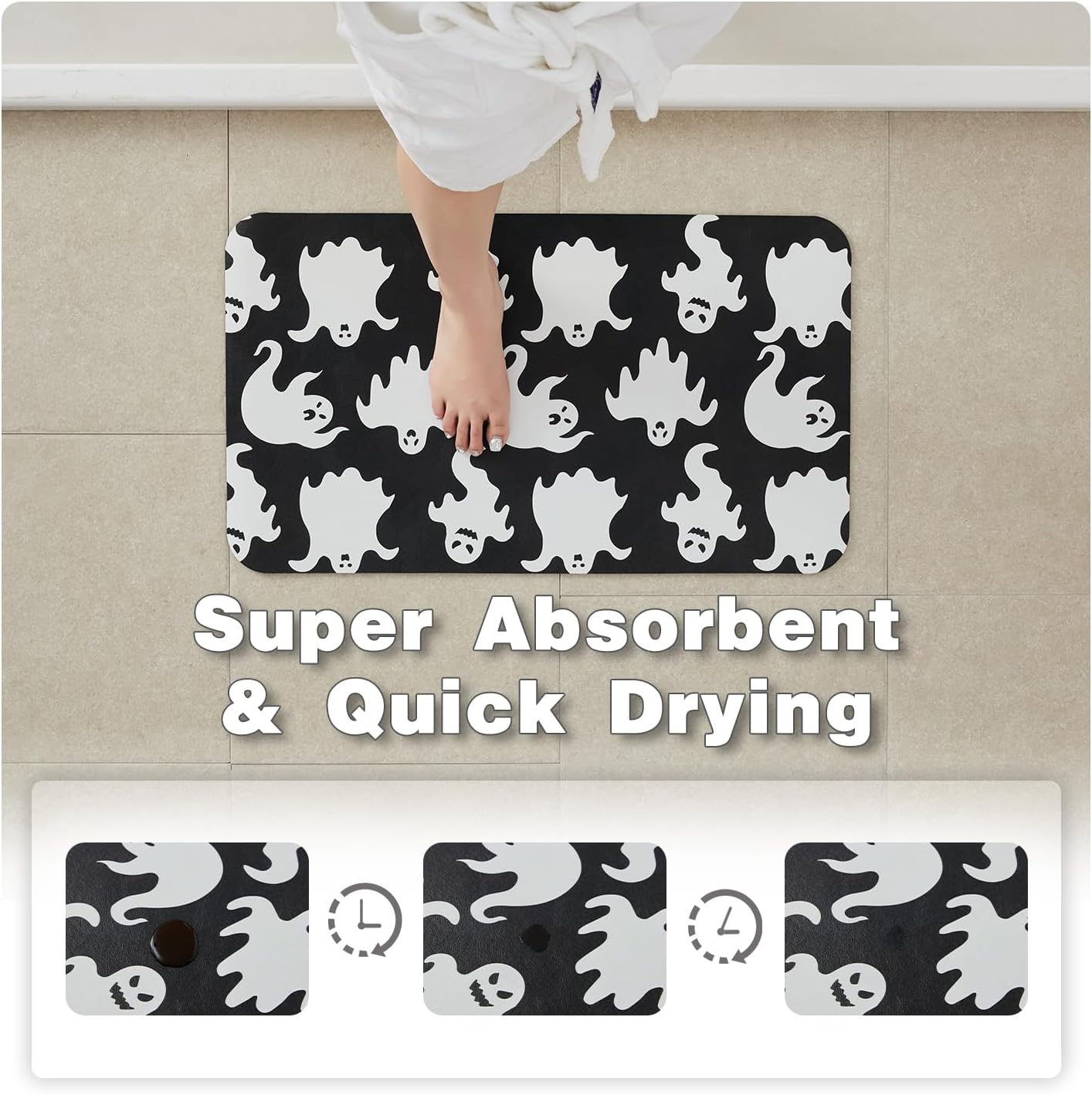 Halloween Bath Mat, Thin Halloween Bathroom Rug Non Slip Quick Dry Ghost Bath Mat Fits Under Door Thin Floor Mat Halloween Decor, 24''x36'', Spooky Ghosts Black