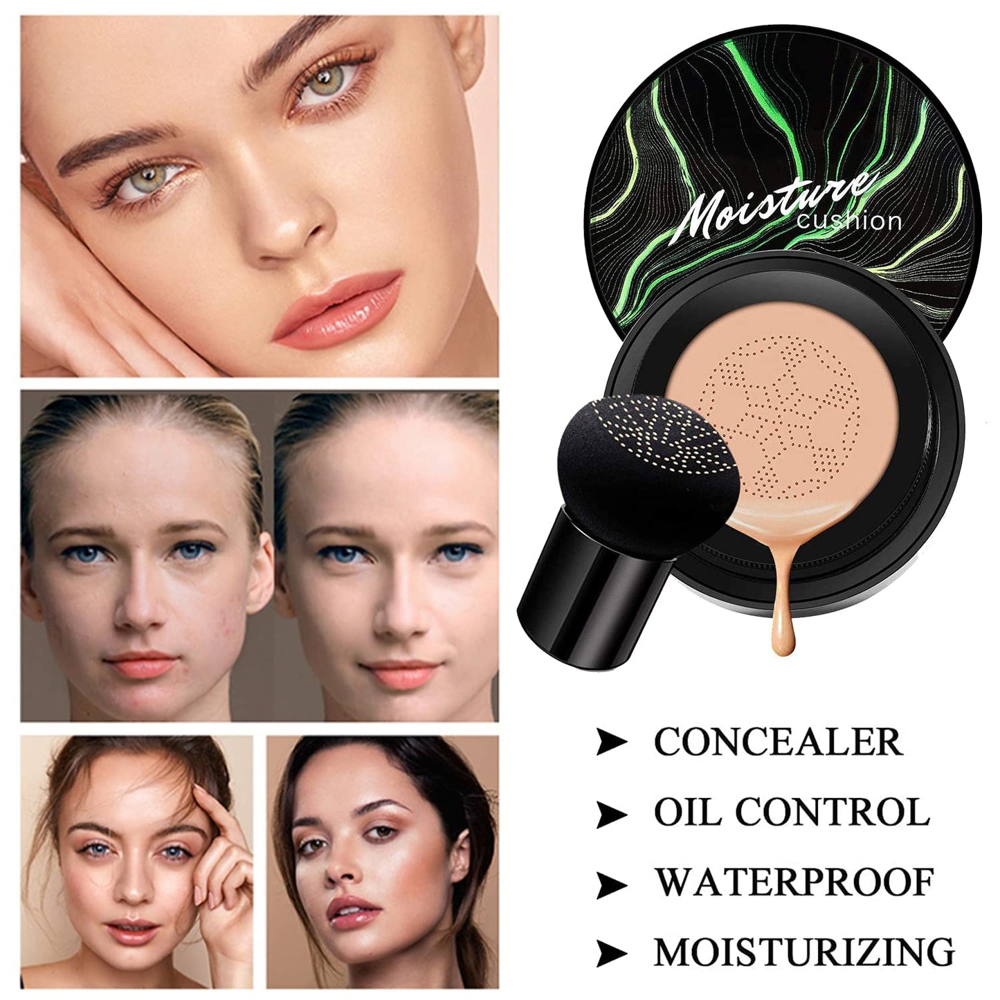 Mushroom Head Air Cushion CC Cream Natural Foundation,Phoera Powder, Bright Makeup Base Long Lasting with Makeup Sponge and Flat Top Kabuki Foundation Brush (#03 Warm Nude)