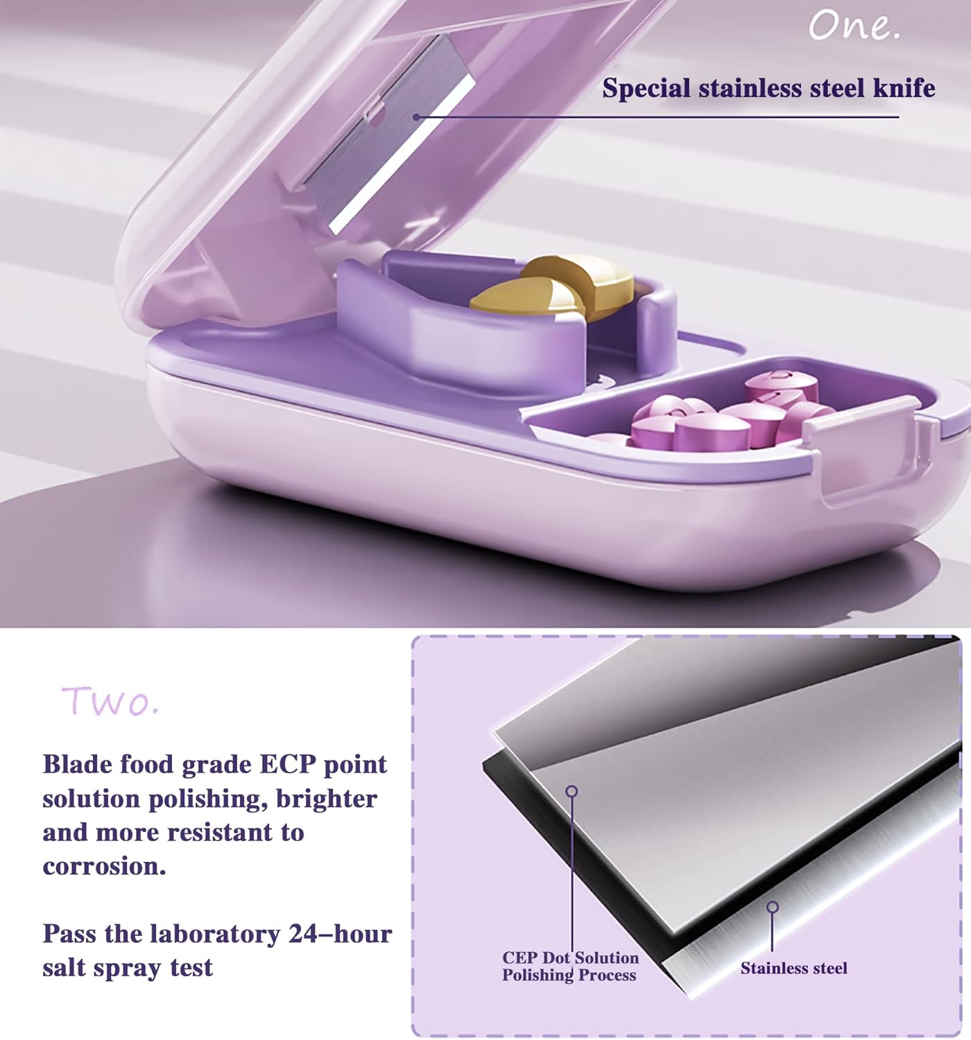 DUBSTAR Small Pill Cutter, Pill Cutter Splitter for Small and Tiny Pills, Portable Pretty Pill Cutters for Large Pills, Cuts Vitamins Tablets for Purse Pocket (Pill Cutter, Purple)