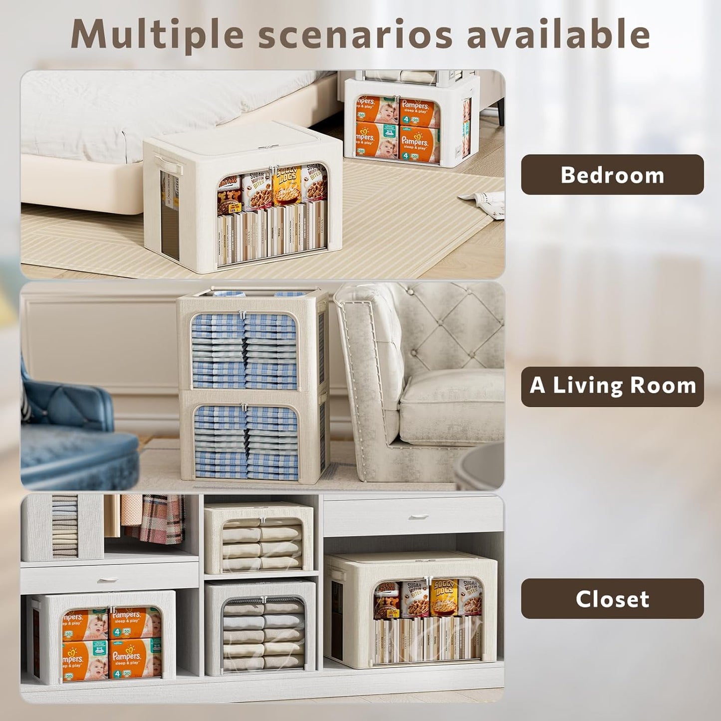 FHSQX 6 Pack Clothes Storage Bins with Metal Frame Foldable Storage Bins for Clothes Linen Fabric Storage Box with Clear Window (Light Grey, 19.7x15.7x13inch(66L))