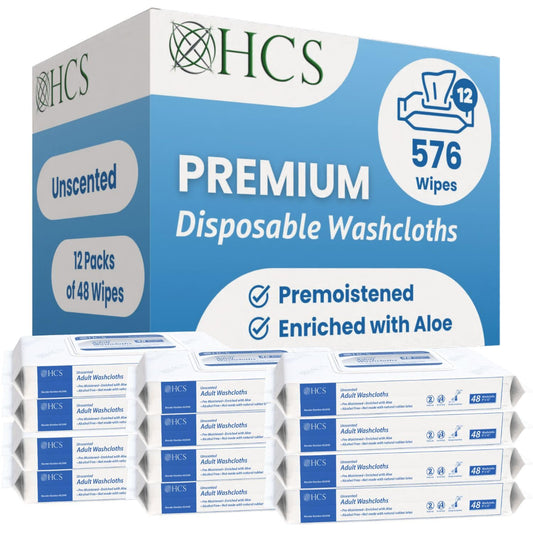 HCS Bulk Extra Large Adult Wipes - Elderly, Incontinence - (576) Body Wipes for Adults, Bathing, No Rinse - Bath Wipe, Shower - Wet Disposable Washcloths, Aloe, Unscented - 9"x12", 12 Packs of 48