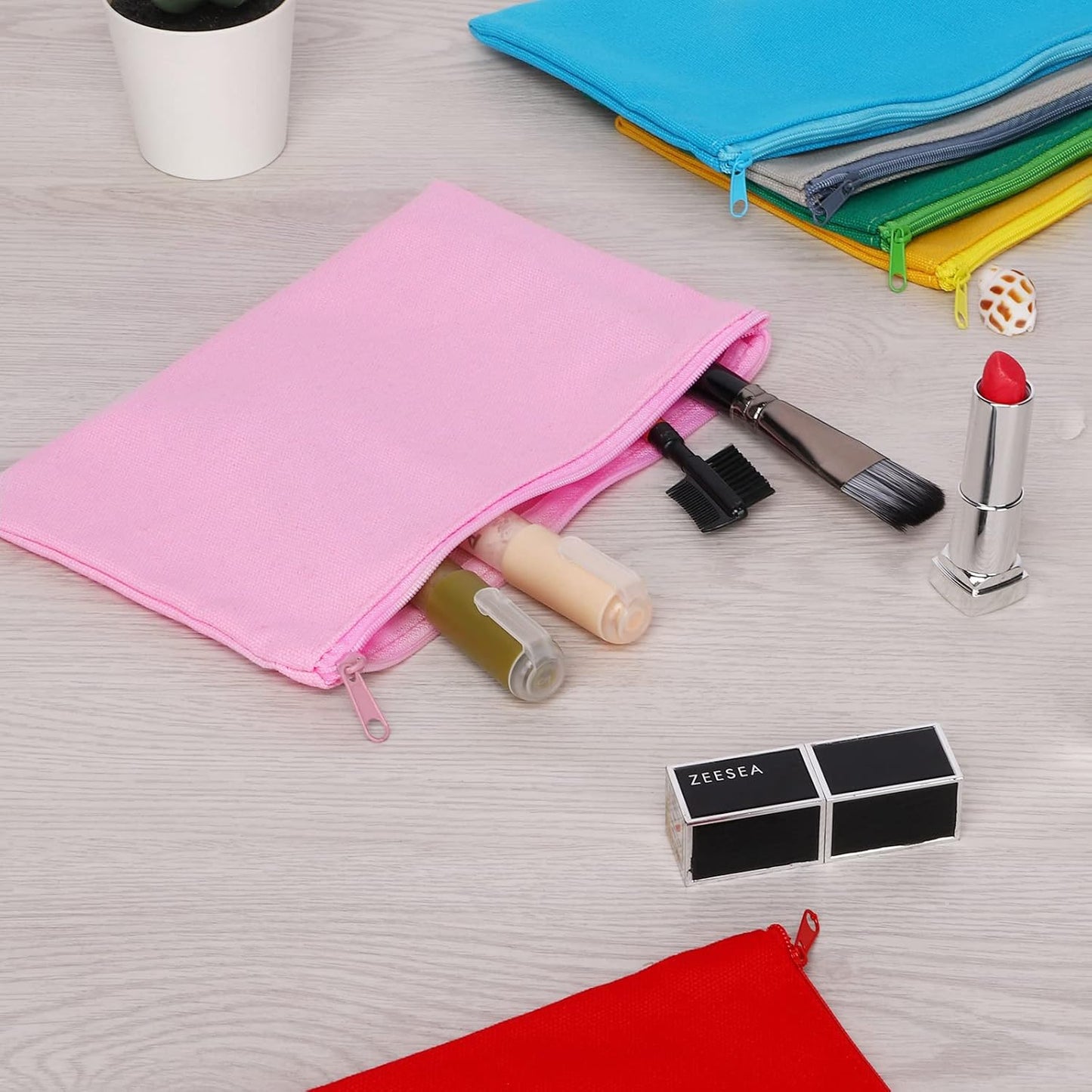 12 Pieces Cotton Canvas Makeup Bag, Multipurpose Cosmetic Bag with Zipper Travel Toiletry Pouch, Blank DIY Craft Bag (Pink, L)