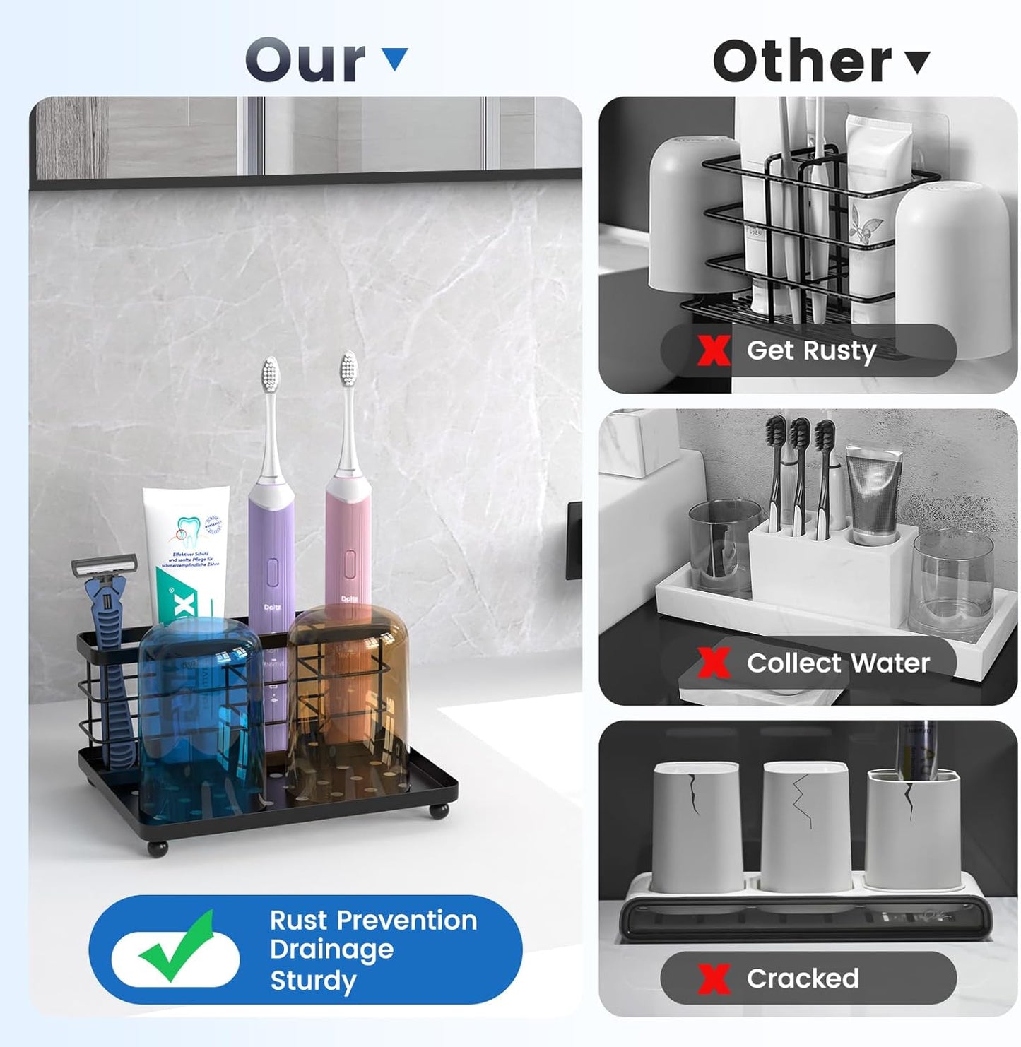 Luxspire Toothbrush Holders for Bathroom, Toothbrush Holder with Tray, Stainless Steel Holder for Toothbrush Toothpaste, Tooth Brushing Holder for Bathroom Countertop, 3-Slot, Black