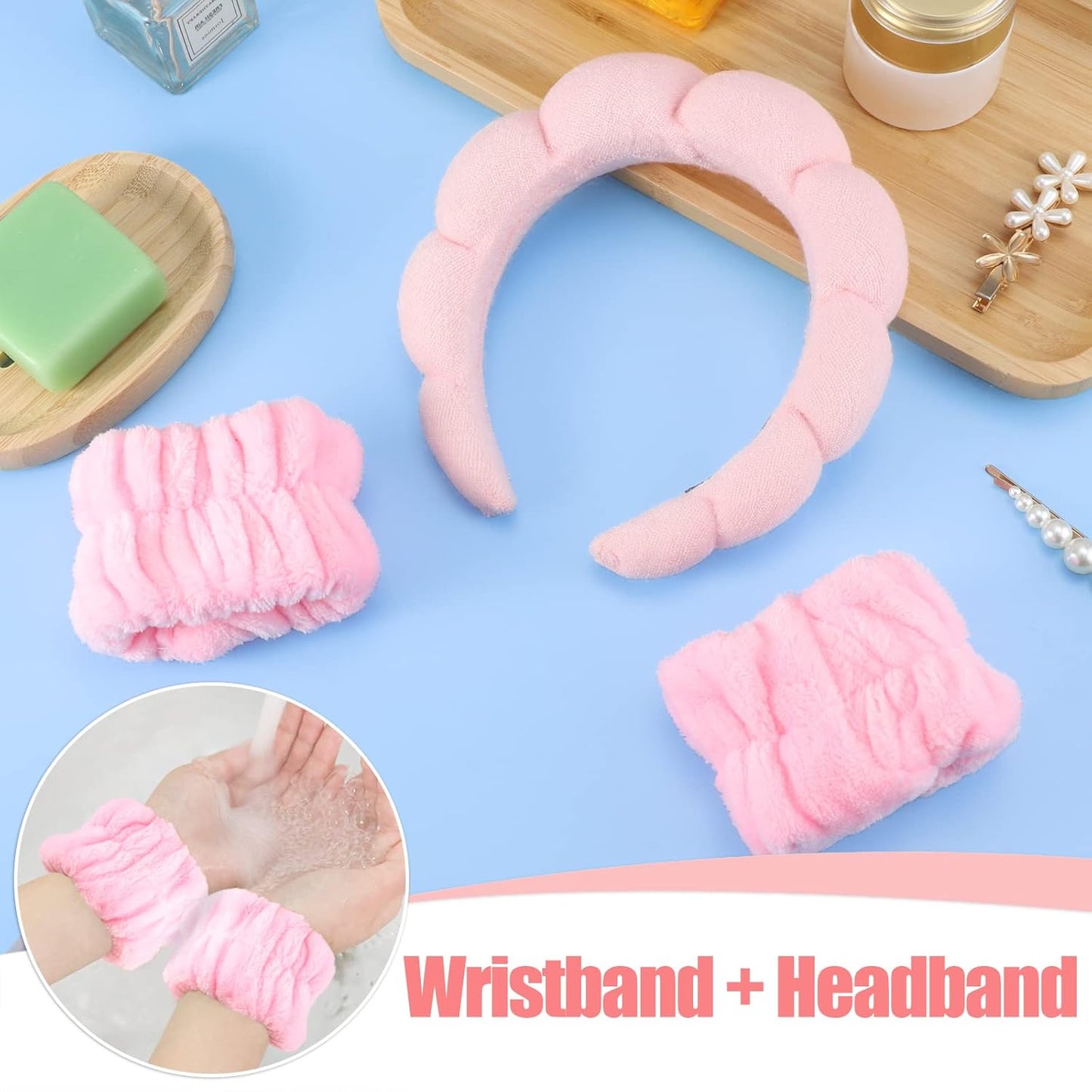 WSICSE Skincare Headbands, Sponge Spa Headband for Women Girl Back to School Pink Gifts Puffy Padded Keep Hair Dry