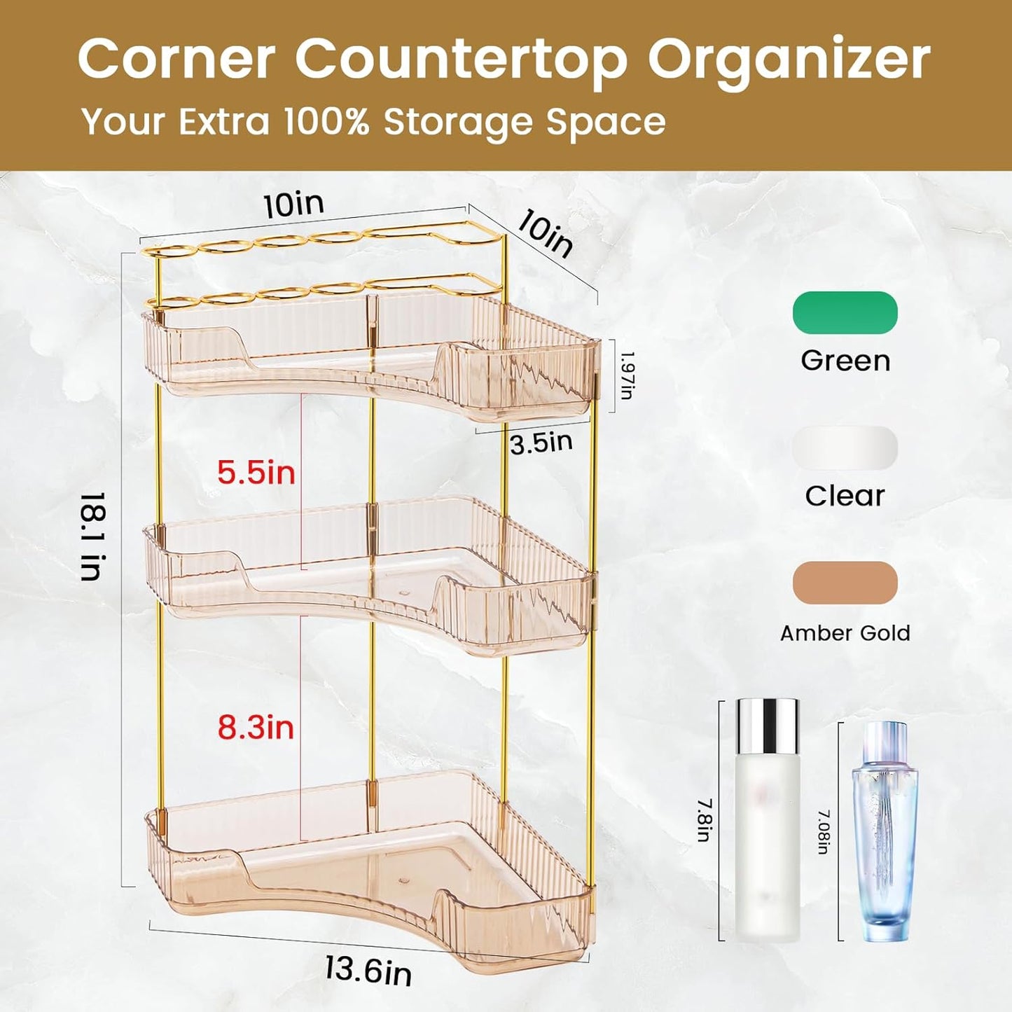 NATURE'S SOURCE Makeup Organizer for Vanity, 3-Tier Corner Bathroom Organizer Countertop with Makeup Brush Holder, Corner Counter Storage for Bathroom Dresser- Amber Gold
