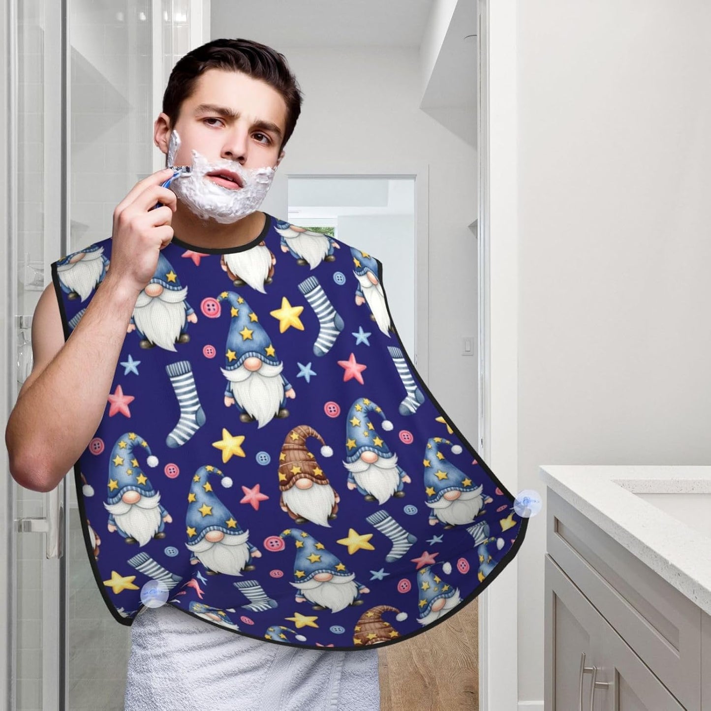 Strong Suction Cup Beard Grooming Bib, Non-Stick Hair Catcher, Waterproof, for Shaving, Watercolor Cute Gnomes Dark Blue