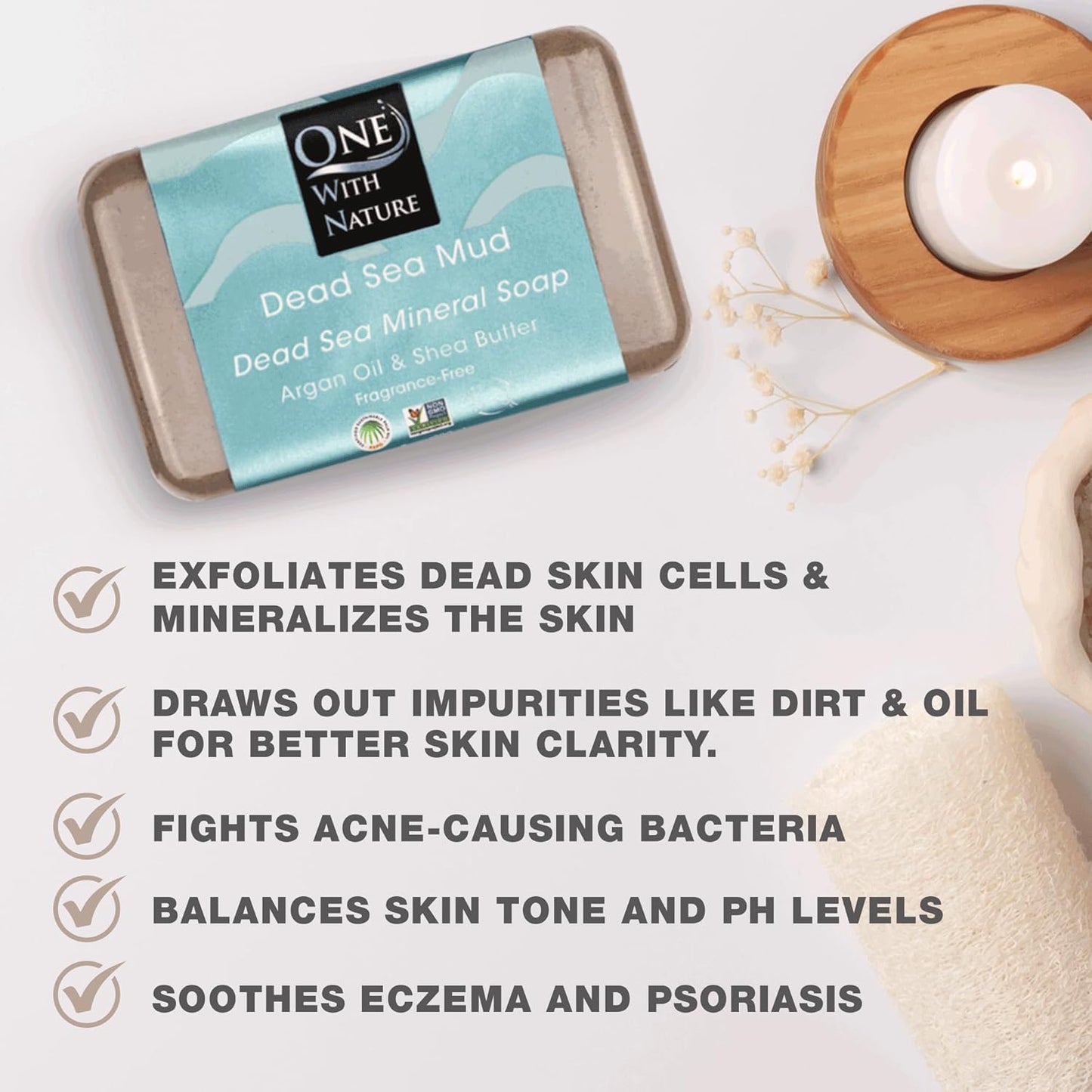 One With Nature Dead Sea Mineral Mud Soap Bar, 7 oz, Fragrance Free, Shea Butter, Argan Oil, Magnesium, Sulfur, 21 Minerals, Soothes Skin, Exfoliates