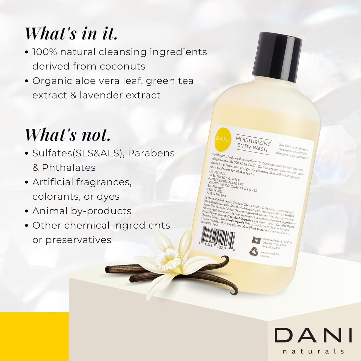 DANI Naturals Body Wash - Warm Sandalwood Vanilla Scent with Organic Aloe Vera & Natural Glycerin - Sulfate & Paraben-Free Shower Gel - For Men & Women - 12 oz - Vegan & Cruelty-Free