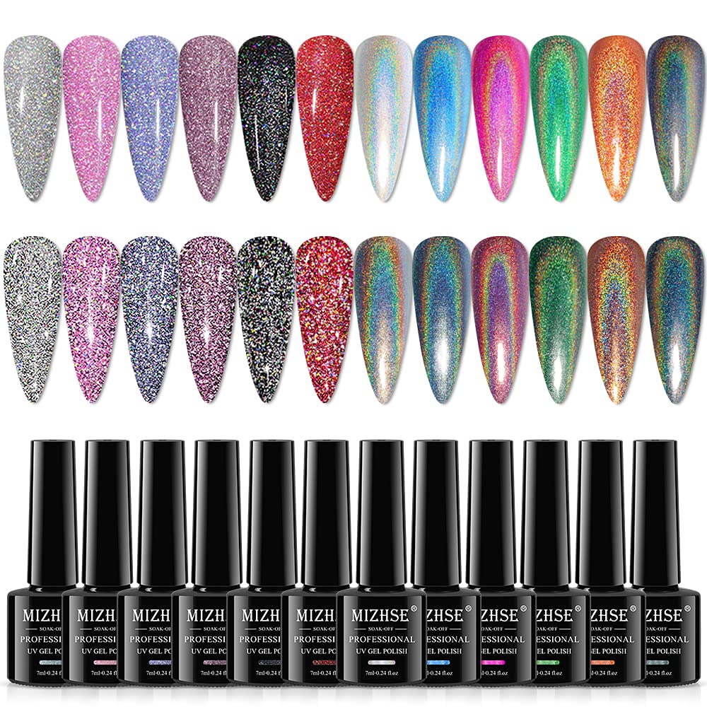 MIZHSE 6 Glitter and 6 Holographic Gel Nail Polish, Sparkle Shiny Glossy Rainbow Iridescent High Pigment Gel Polish Nail Lacquer Soak Off Manicure Art Gift for Ladies
