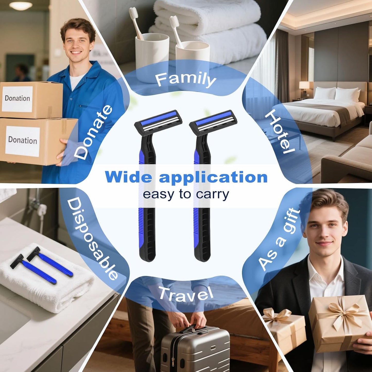 Disposable Twin Blade Razors in Bulk, Individually Wrapped - Clear Safety Cap, For Homeless, Hotel, Airbnb, Travel (pack of 50,blue)