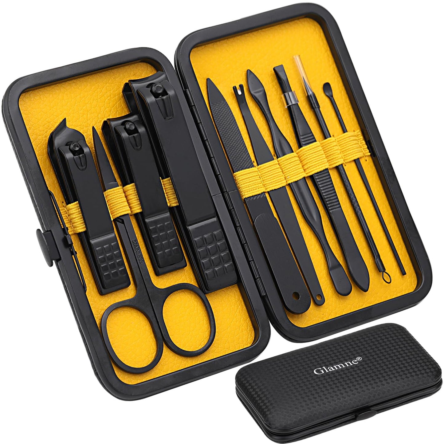 Manicure Set Nail Clippers Kit Professional Stainless Steel Nail Care Tools with Leather Travel Case 10 in 1 Yellow