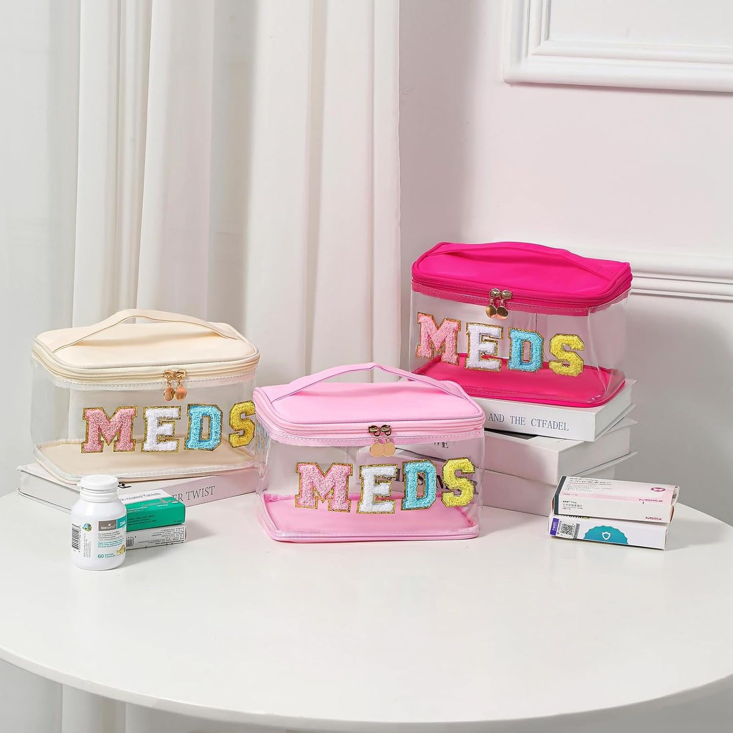 uekeboag Chenille Letter Clear Medicine Makeup Bag, Large Size Waterproof Nylon Cosmetic Toiletry Storage bag with Top Handle, Transparent Meds First Aid Travel Organizer Cosmetic Bag(01Hot Pink)