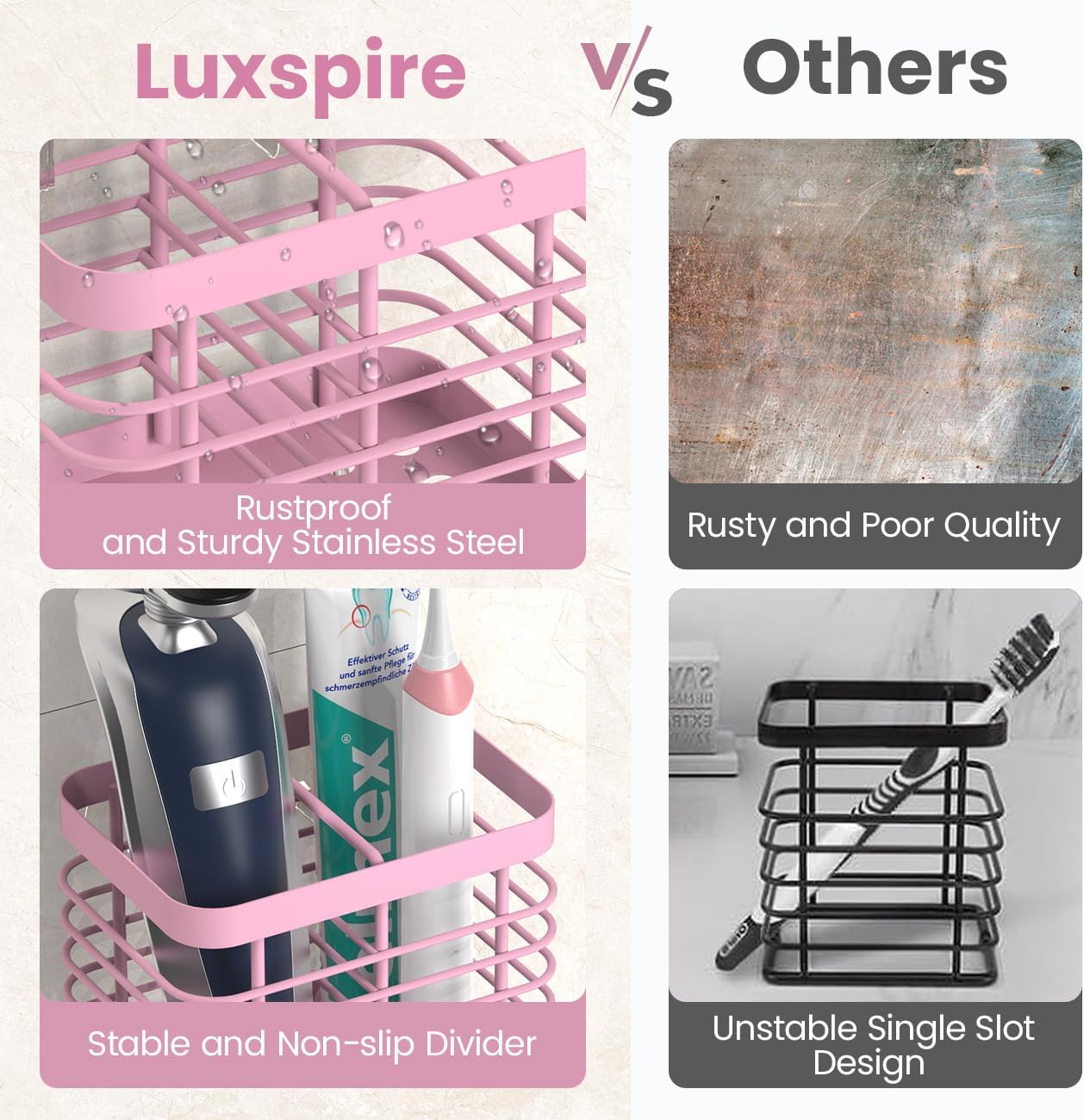 Luxspire Toothbrush Holders for Bathroom, Stainless Steel Electric Toothbrush Holder Wall Mounted, Shower Toothbrush Toothpaste Holder, Bathroom Organizer Essentials, 2 Slots, Pink