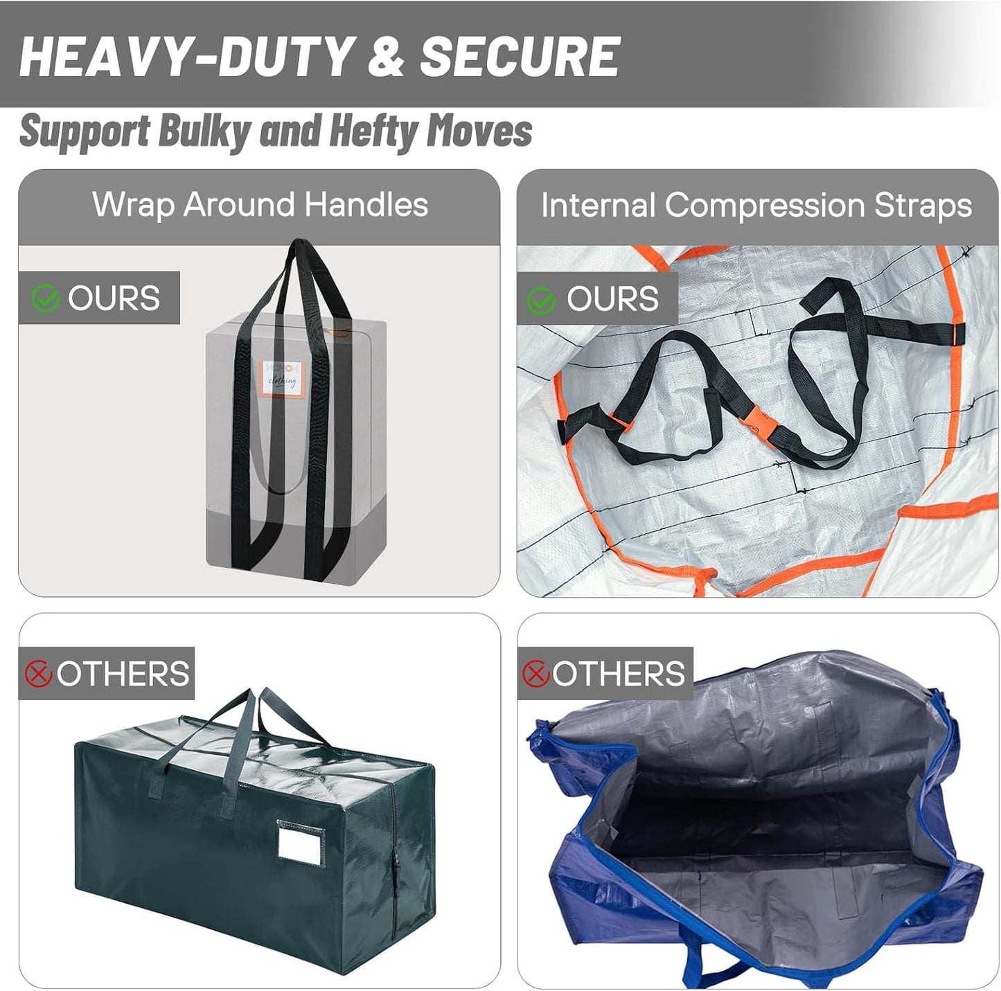 2 Pack Moving Bags, Heavy Duty Storage Bags with Zipper, Extra Large Packing Bags with Internal Compression Straps, Wrap Around Handles, Alternative to Moving Boxes, Grey and Black