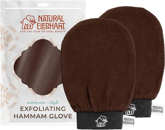 Natural Elephant Exfoliating Hammam Glove | Authentic Moroccan Kessa Body Scrub Mitt for Spa-Quality Skin Renewal | Chocolate Brown 2 Pack
