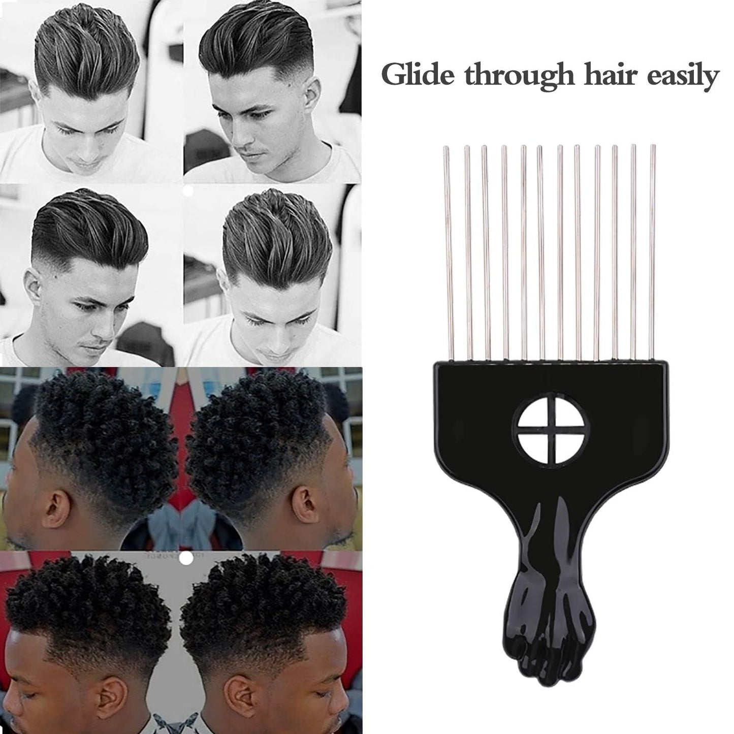 4Pcs Afro Picks Metal Hair Combs, Steel Teeth Hair Pick for Curly, Coily, Natural Hair, Detangling, Styling Comb for Men Women (Black)