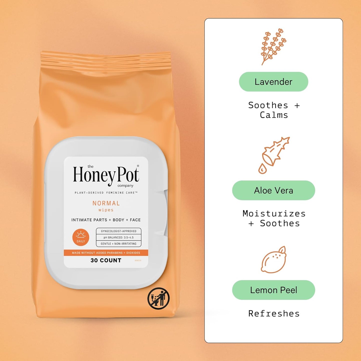 The Honey Pot Company - Feminine Wipes - Daily PH Balancing, Fragrance & Sulfate Free Wipes for Intimate Parts, Body, or Face - Hygiene Products - Normal 30 ct (Pack 3)