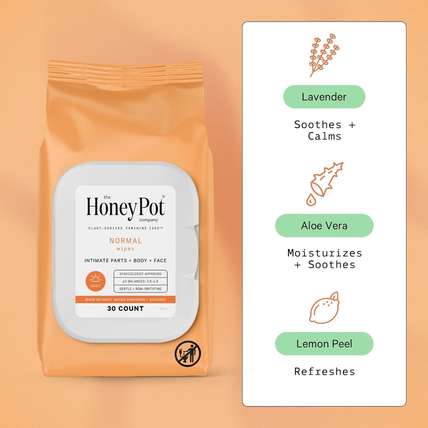 The Honey Pot Company - Feminine Wipes - Daily PH Balancing, Fragrance & Sulfate Free Wipes for Intimate Parts, Body, or Face - Hygiene Products - Normal 30 ct