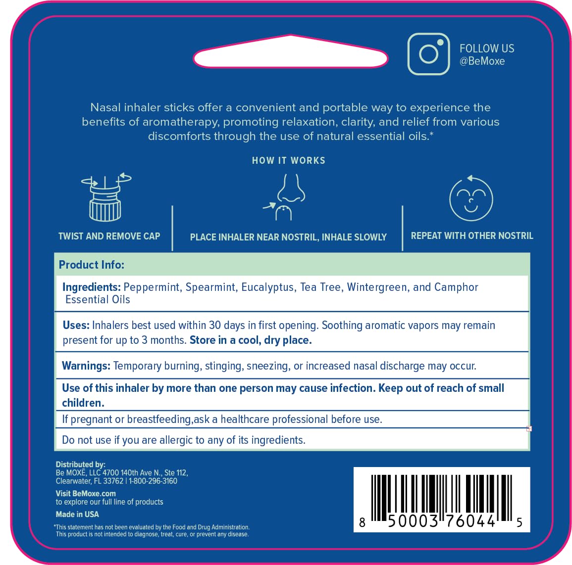 MOXE Migraine Relief Nasal Inhaler, Essential Oils for Headaches & Tension Relief, Portable Aromatherapy, Easy-to-Use, Pure & Undiluted, Peppermint, Spearmint, Eucalyptus, Tea Tree, USA Made, 1 Pack