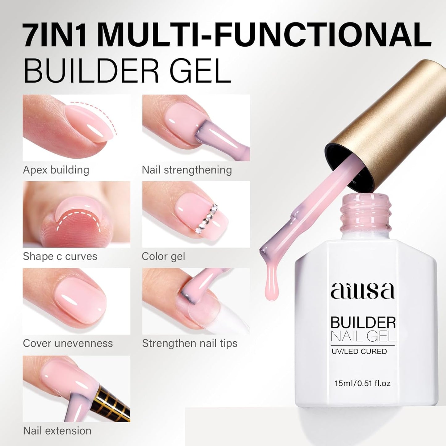 AILLSA Milky Pink Builder Gel for Nails 7 In 1 Hard Gel Polish for Nail Thickening Nude Strengthener Gel Polish Light Color Extension U V Gel for for French Manicure Base Coat Needed 0.51 Oz GB90
