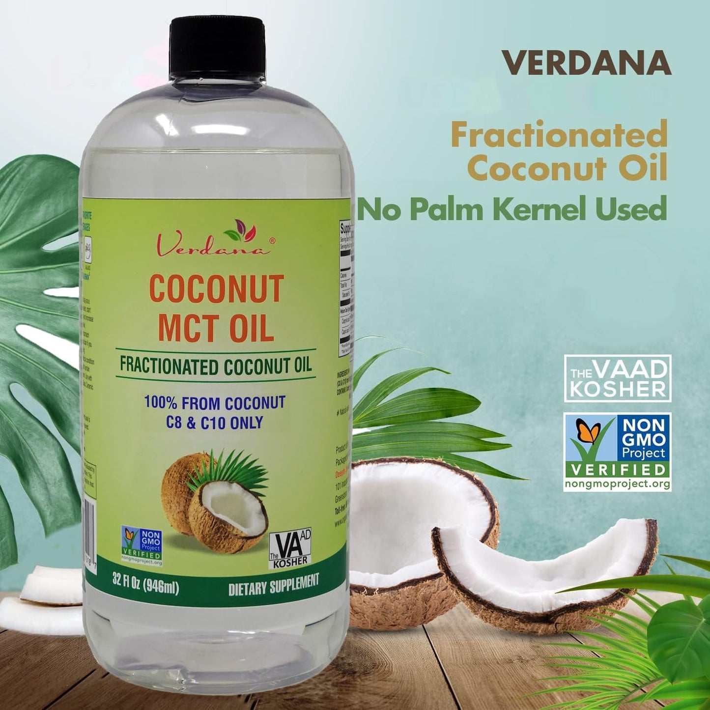 Verdana MCT Oil – 32 Fl Oz Dietary Supplement – 100% Coconut Derived, Fractionated, Food Grade – for Oil Pulling, Keto Coffee, Oral Rinse, Massage & Aromatherapy – Vegan, Non-GMO, Kosher