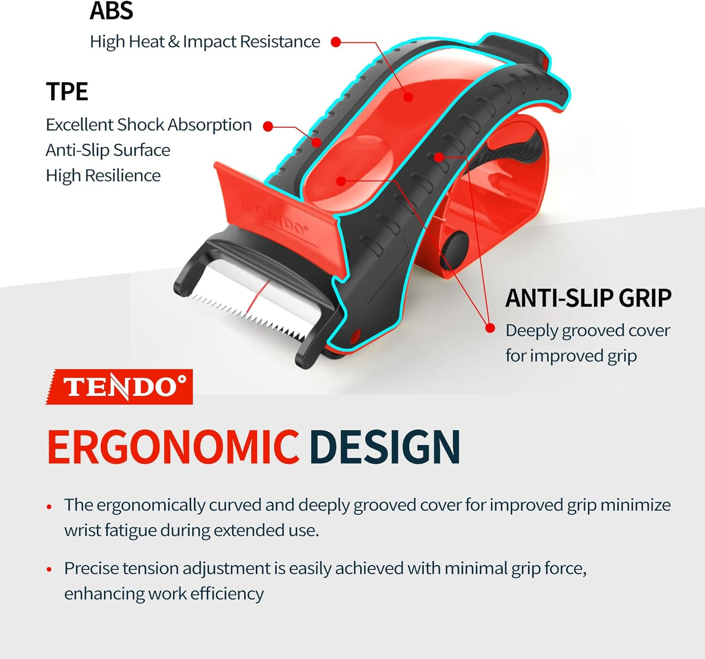 Heavy Duty Shipping Tape Dispenser: TENDO° Essential Line – Reusable, Replaceable, Eco-Friendly 2’’ Master Piece Dispenser for Pros with Patented 10° Sloped Chromium Blades - P-2200 (4th Gen.)_Red
