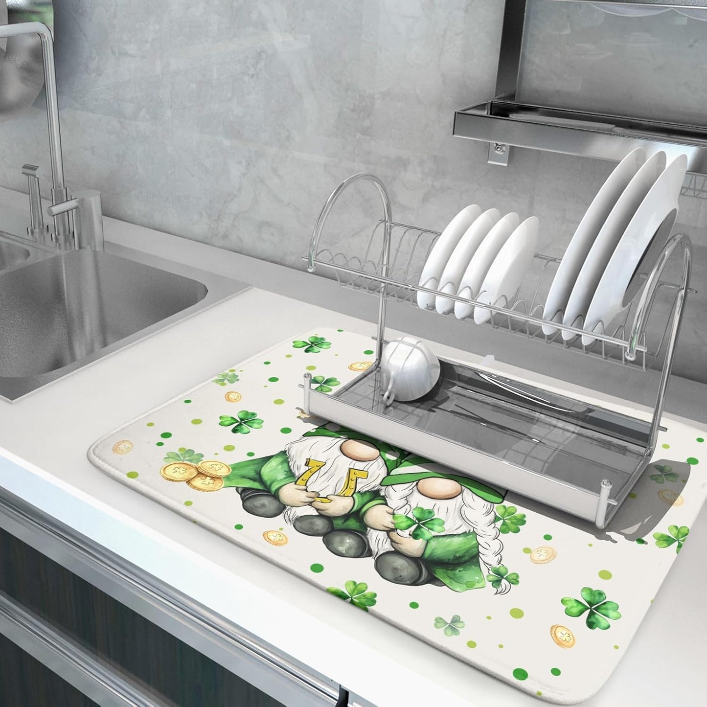 St Patrick's Day Gnome Dish Drying Mat 18x24 inch Lucky Shamrock Absorbent Reversible Dishes Drainer Rack Mat for Coffee Bar Kitchen Decor