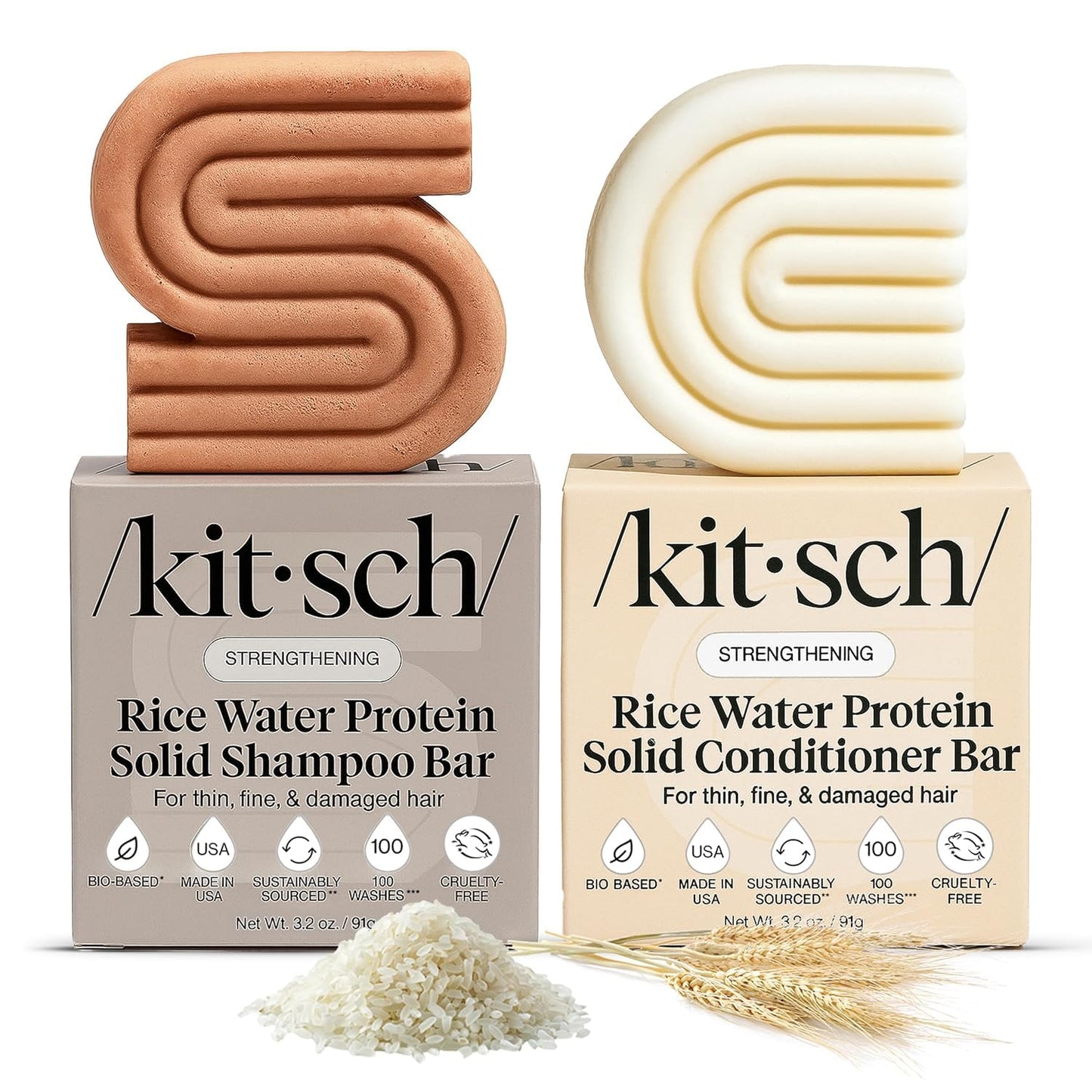 Kitsch Rice Water Shampoo & Conditioner Set – Solid Shampoo & Conditioner Bar with Protein for Hair Growth, Strengthening Hair & Damage Repair – Paraben, Sulfate & Silicone Free – 2 Pack