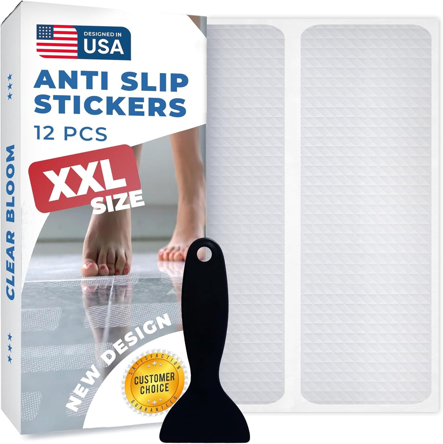 XXL Anti Slip Shower Stickers 12 PCS, Invisible Non-Slip Shower Strips for Adults, Premium Adhesive Bath Tub Stickers (Clear)