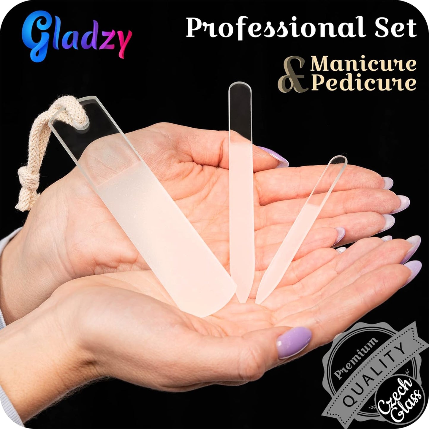 GLADZY Glass Nail File Set – Czech Crystal Nail Files for Natural Nails, Glass Foot File Callus Remover, Professional Manicure & Pedicure Kit for Fingernails & Toenails with Case and Towel, Made in EU