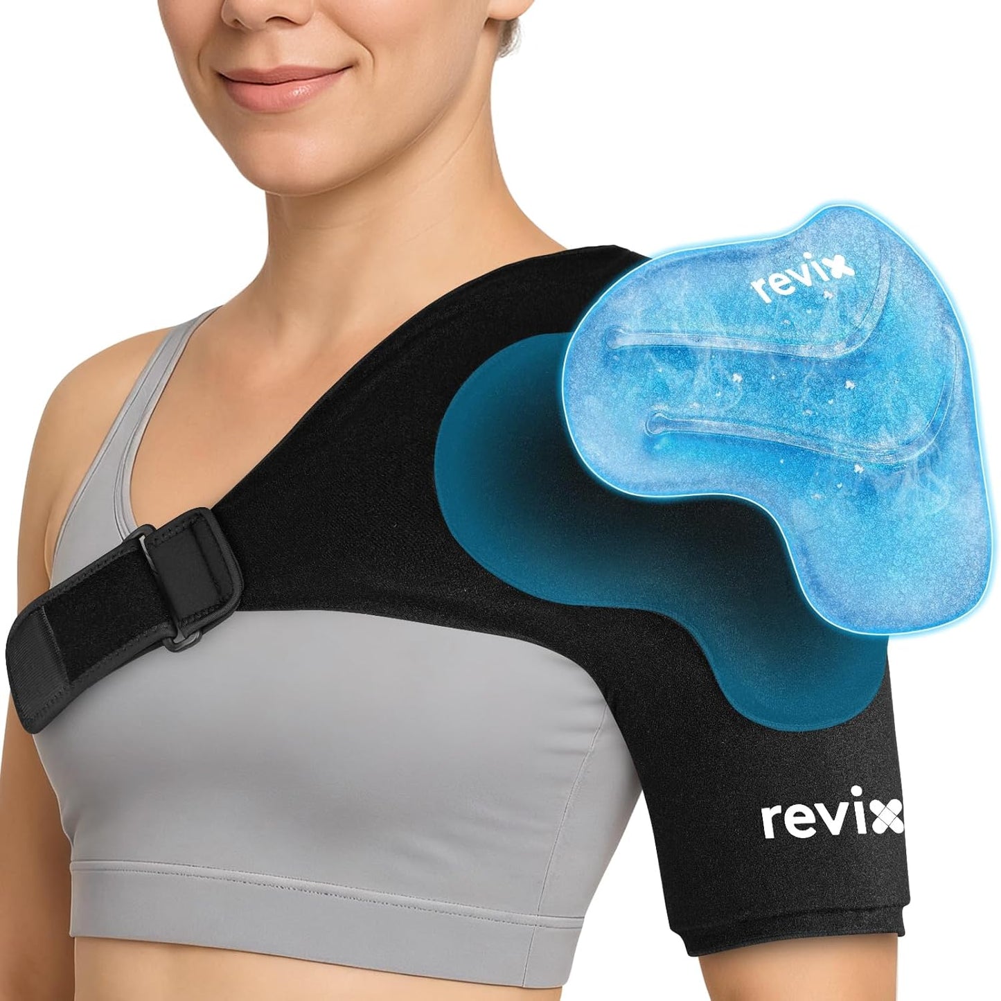 REVIX Shoulder Ice Pack Wrap for Rotator Cuff, Reusable Gel Ice Pack Shoulder Brace with Extra Removable Coldfocus for Long-Lasting Cold Therapy, Soothe Biceps Discomfort & Workout Relief