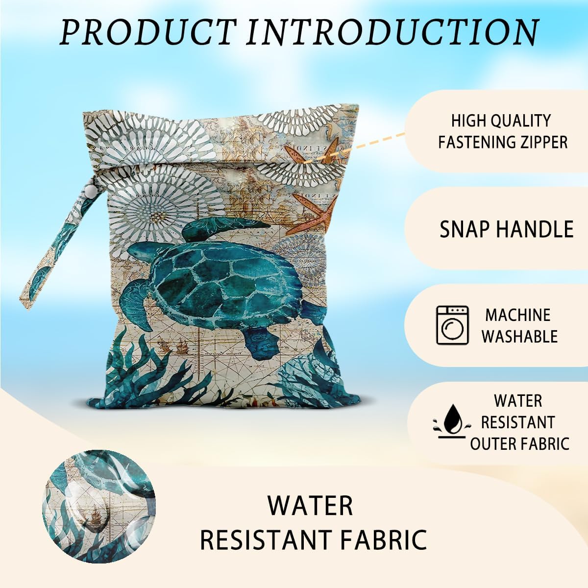 2Pcs Turtle Wet Bags 12x10 Inch, Shells Starfish Waterproof Wet Dry Bags, Sea Weed Washable Travel Laundry Bag for Swimsuit Beach Diapers Dirty Yoga Gym Clothes, Sea Turtle Gifts for Women Friend