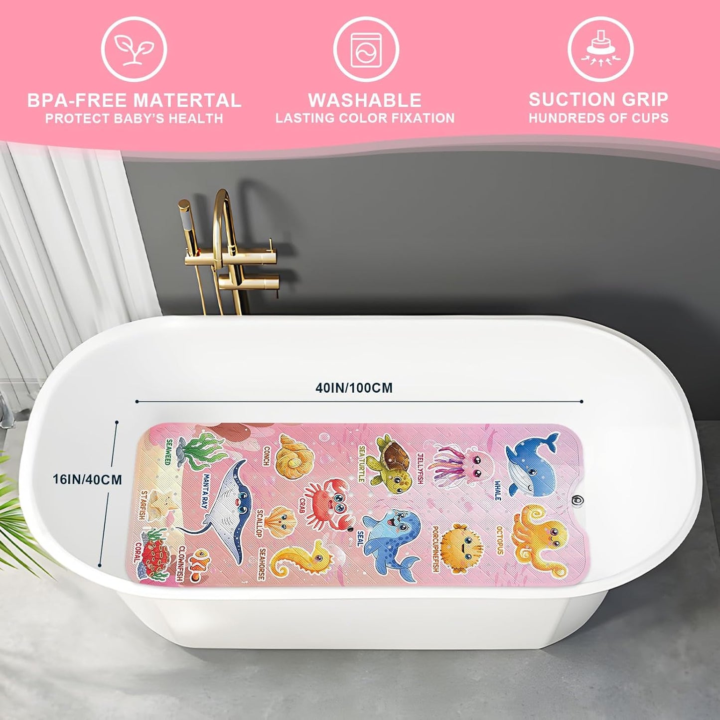 XIYUNTE Baby Bath Mat for Tub Non Slip Kids Bath Mat - 40"x16" Extra Long Bathtub Mat Non Slip Kids, Eco-Friendly Toddler Bath Mats with Suction Cups for Secure Grip, Easy to Clean & Easy Drying