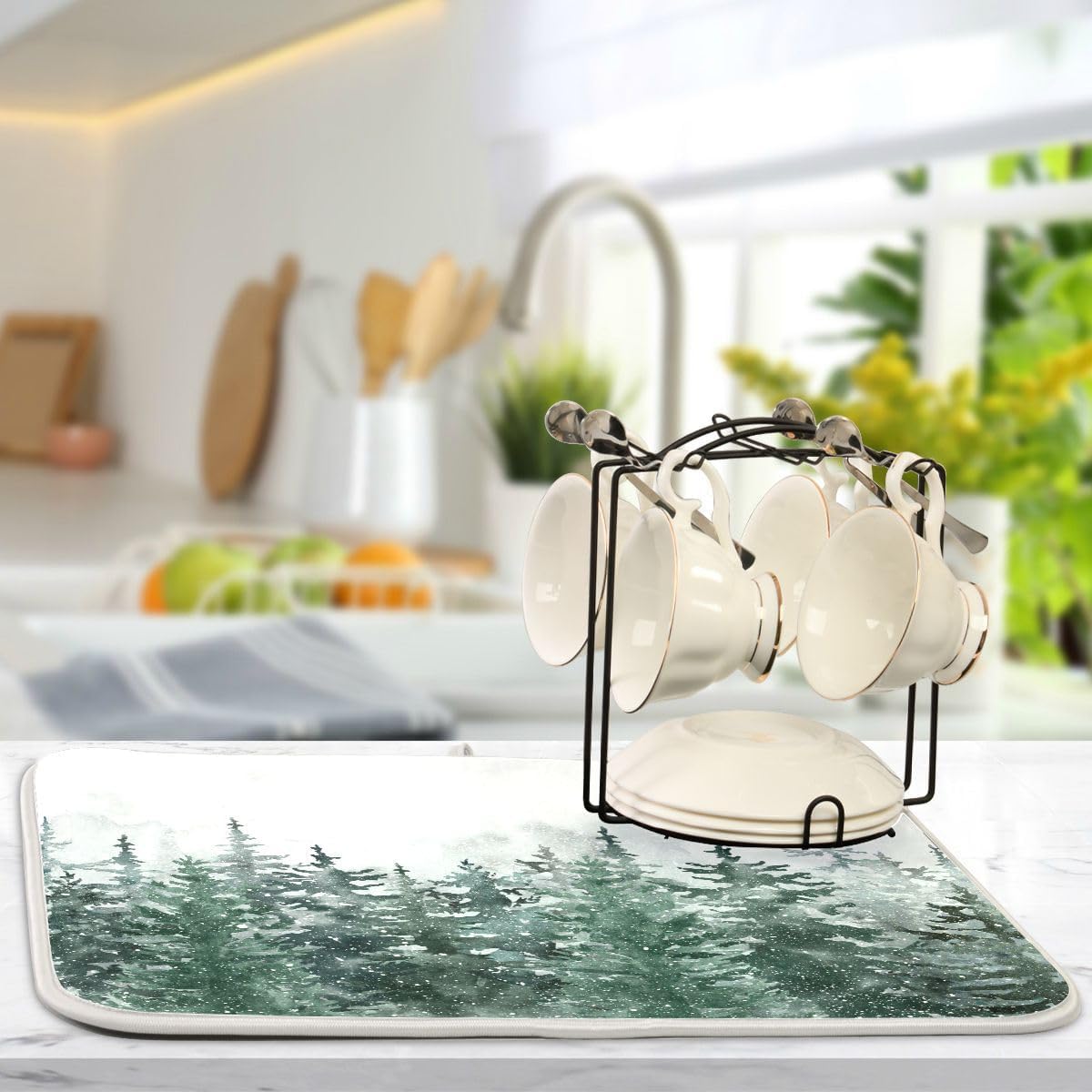 Winter Forest Scenery Dish Drying Mat for Kitchen Christmas Tree Snow Xmas Microfiber Drying Mats Absorbent Reversible Dish Pad Medium Dish Draining Mat 16x18 inch