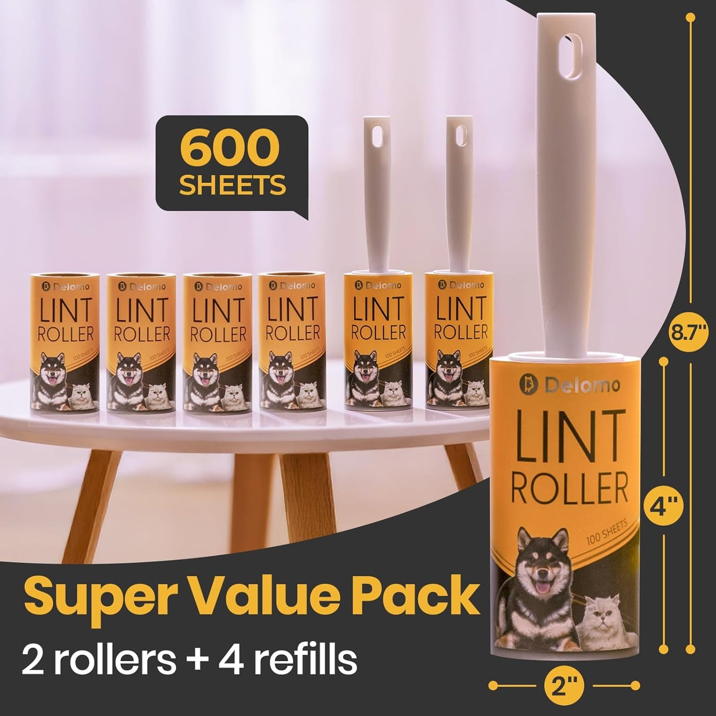DELOMO Lint Roller 600 Sheets (2 Rollers + 4 Refills) - Lint Rollers for Pet Hair Extra Sticky, Mega Value Pet Hair Removal Tool for Clothes/Couch/Furniture/Car - Keep Your Home Tidy