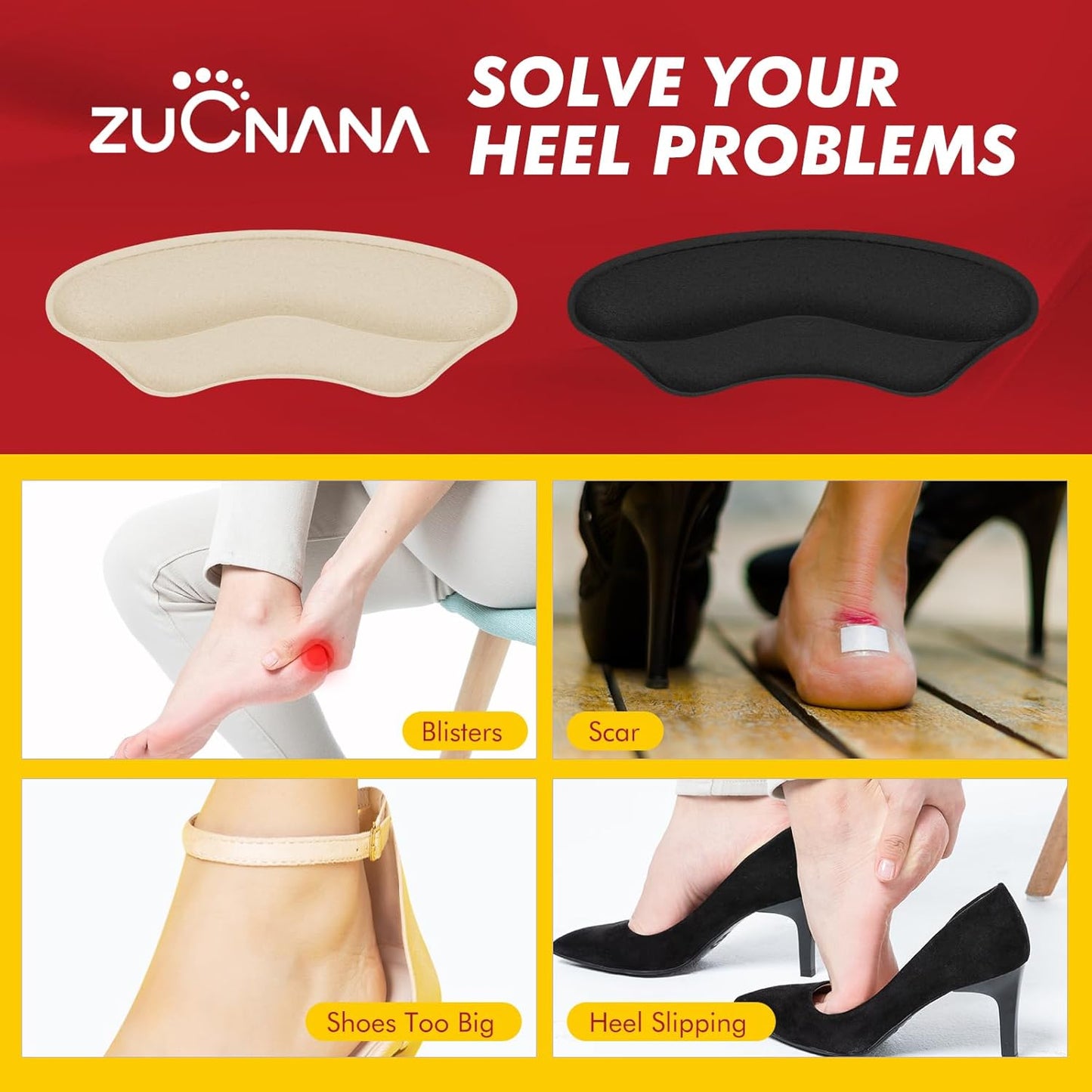 Ball of Foot Cushions, Metatarsal Pads Women, Non Slip Heel Pads for Women Shoes Too Big (4 Pairs), Shoe Cushions Heel Grips Liner Prevent Blisters & Slipping (Beige+Black)