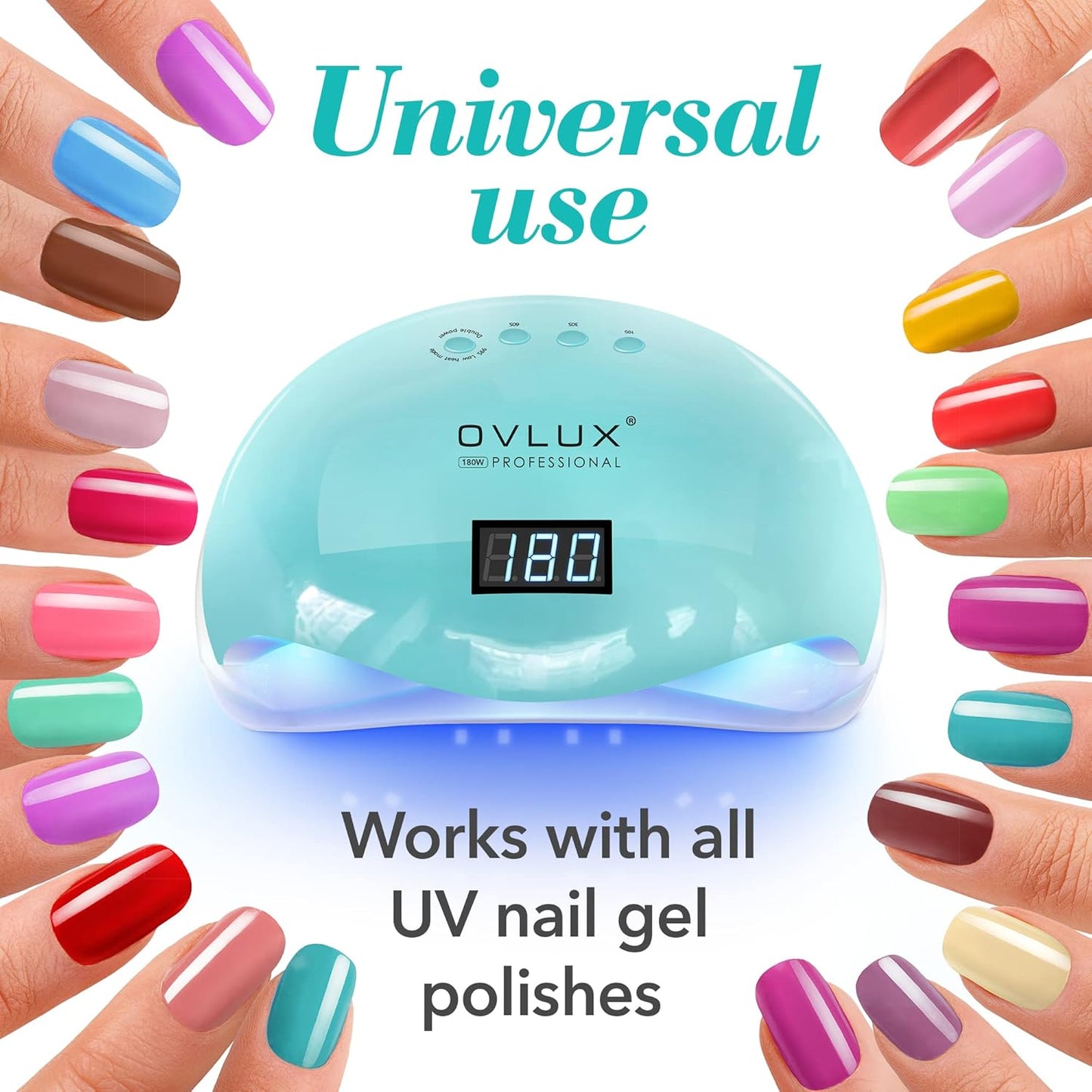 OVLUX 180W UV LED Nail Lamp - Professional Fast Nail Dryer for Gel Polish with 57 LEDs, Auto Sensor, LCD Display, 4 Timer Settings, Cures Fingernails & Toenails, for All Gel Types - Color Tiffany