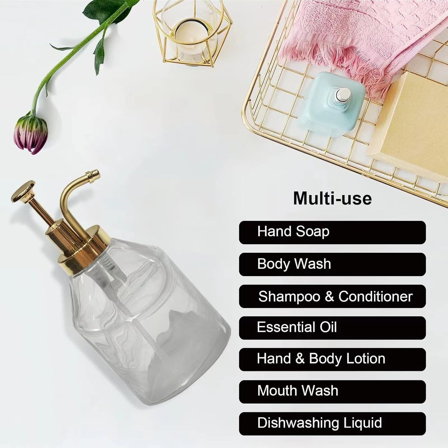 Bathroom Glass Soap Dispenser Set, 2 Pack 375ml/12.7 Oz Unique 3D Cloud Pattern Thick Glass Soap Bottle with Gold Pump for Bathroom Counter, Kitchen Dish Soap Dispenser (White)
