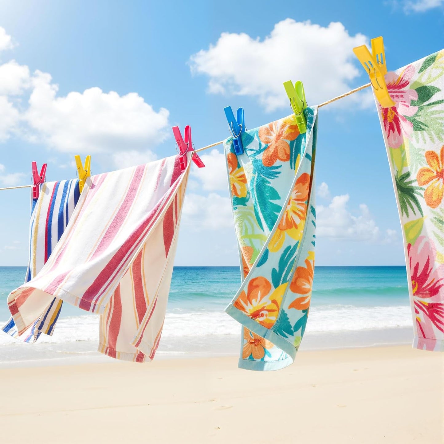 LemonRoad 12 Pcs Towel Clips Beach Towel Clips Large Plastic Clothes Pegs with 60 Pcs Small Plastic Clothespins Hanging Clothes Clamps for Cruise Yellow, Blue, Green, Pink, Orange