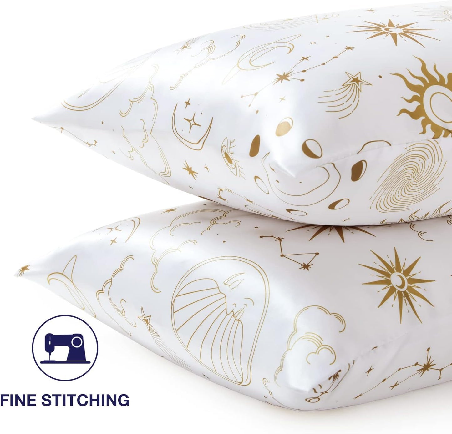 EXQ Home Silky Satin Pillowcase for Hair and Skin,Printed Pillow Cases Standard Size Set of 2 Pink Satin Pillow Case 2 Pack with Envelope Closure（ White Moon，20"x26"）