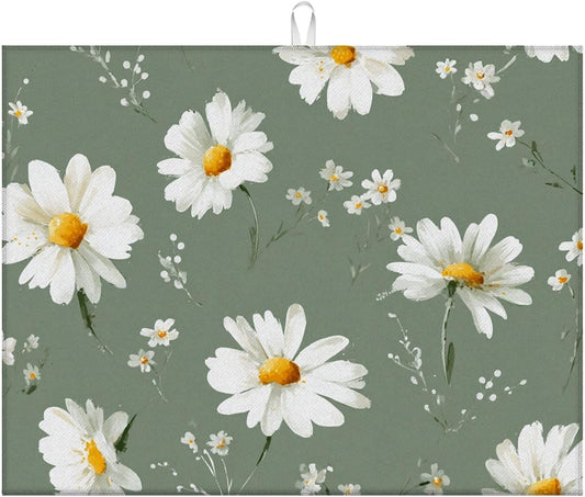 Dish Drying Mat For Kitchen Counter, White Daisy Flowers Microfiber Absorbent Dish Drainer Rack Pad Reusable Large 18x24in Drying Mat