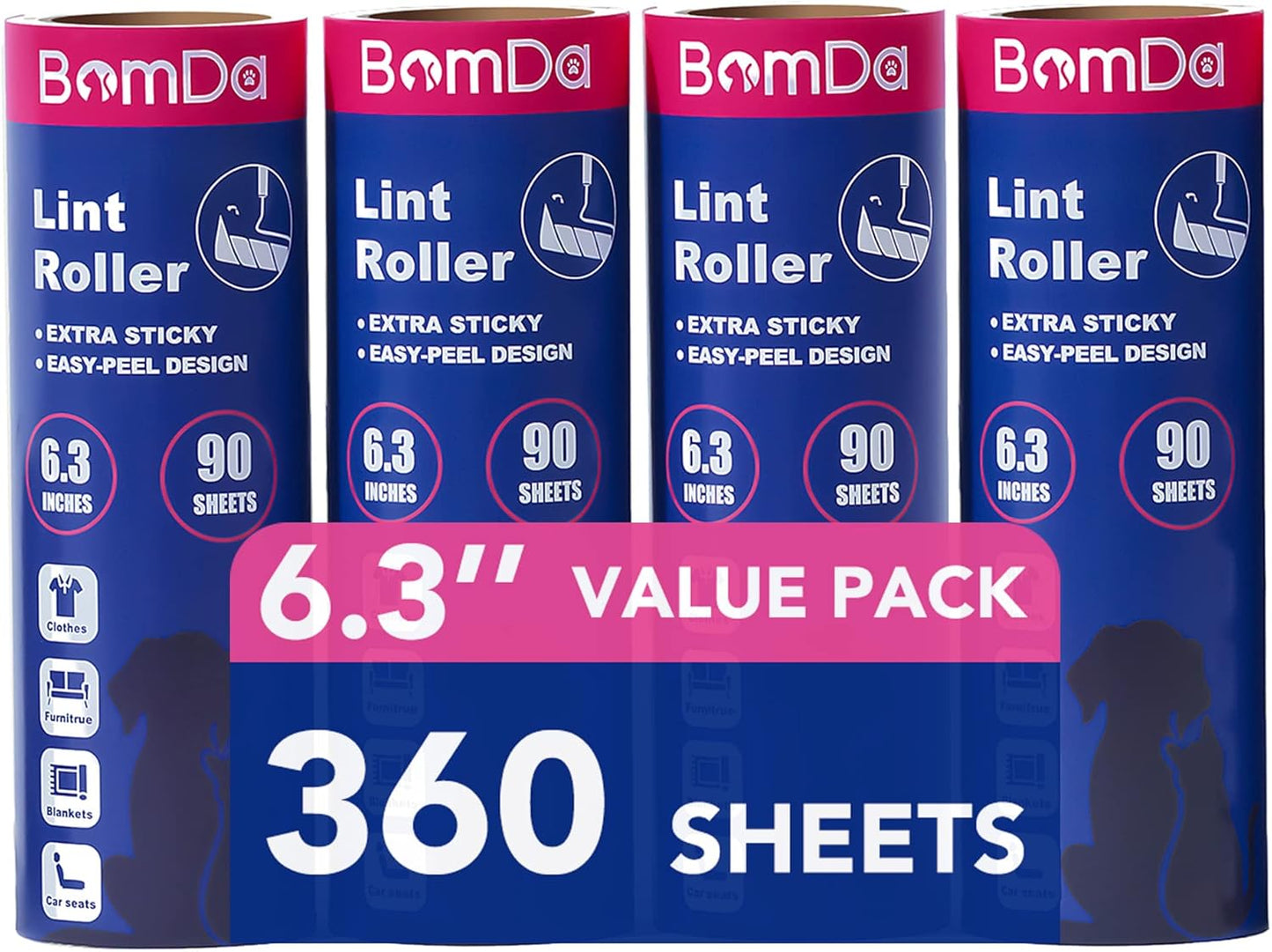 Extra Sticky Large Surface Lint Roller, 6.3'' Giant Lint Roller for Pet Hair, 360 Sheets/ 4 Refills, Long Handle Lint Remover for Clothes, Furniture, Dog & Cat Hair Remover (360 Sheets)