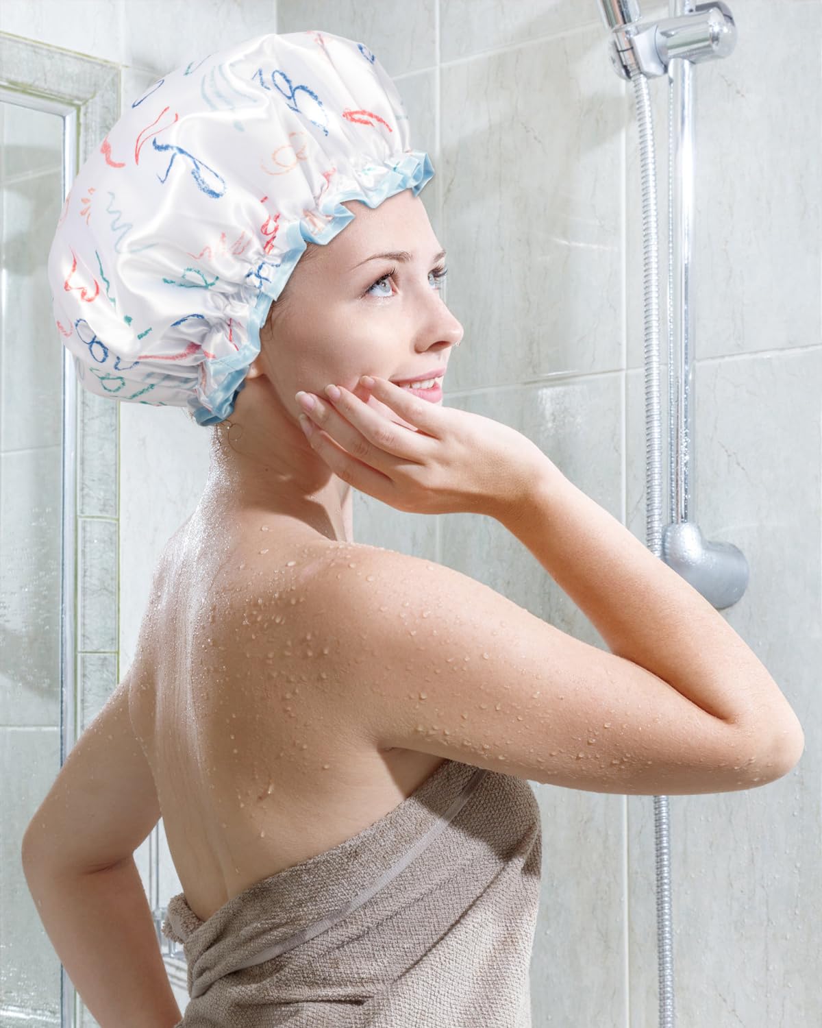 Aquior Shower Caps, Reusable Shower Cap for Women, Double Layer Waterproof Hair Cap, Large Size for All Hair Lengths Non-fading Bathing Shower for Ladies