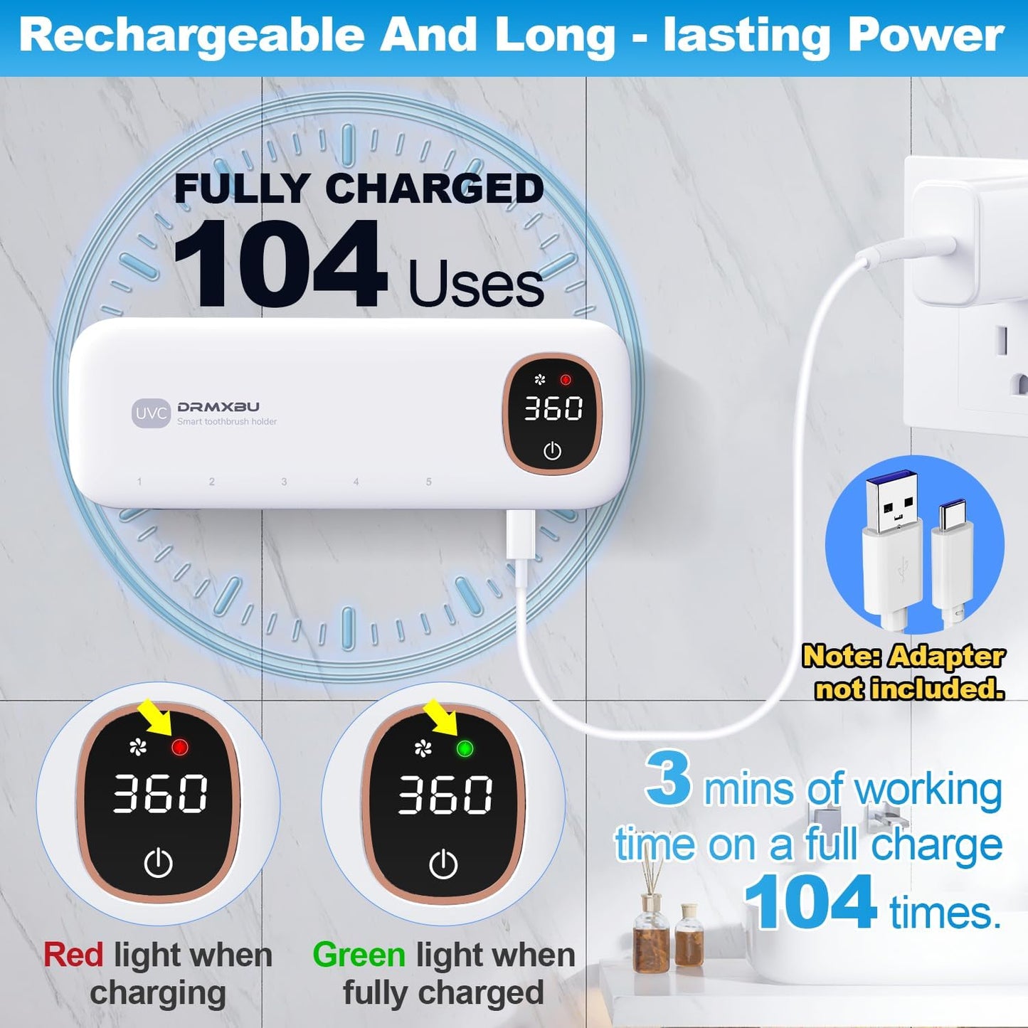 Toothbrush Sanitizer and Holder, DRMXBU Toothbrush Holders for Bathrooms with Light Clean Air Dry, Rechargeable Toothbrush Holders Wall Mounted with 5 Slots, Timer Function Tooth Brush Cleaner Case