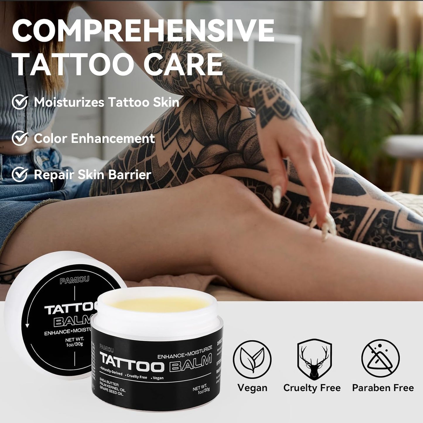 Tattoo Aftercare Balm, Tattooed Skin Moisturizer & Color Enhancement, Cream Butter For New & Old Tattoos, Naturally-Derived Ingredients, Petroleum Free, Fragrance Free - 1.06oz