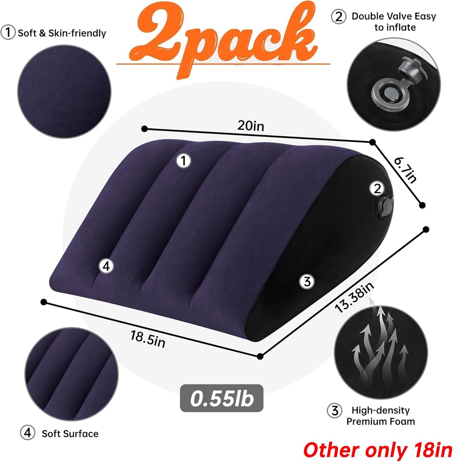 Portable Inflatable Wedge Pillow 2 Pack,Body Positioner for Sleep Support, Large 20in Adjustable Travel Pillow - Lightweight Bed/Leg Support Pillow, Fast Inflation, 2 Pack