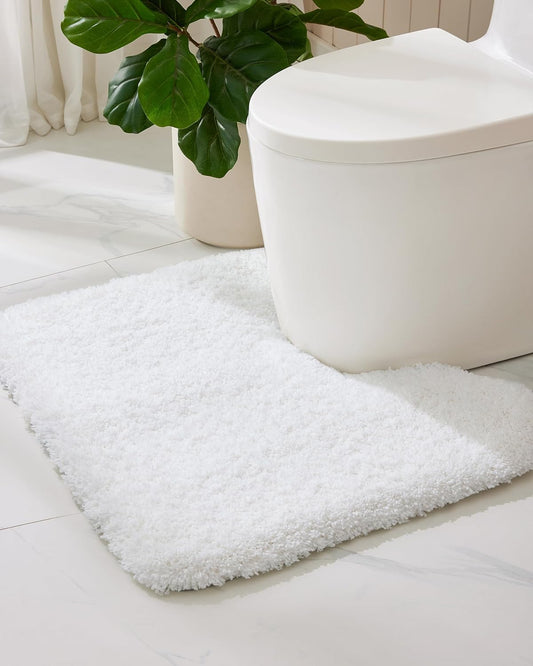 ILANGO White Toilet Rugs U Shaped 22" × 24" Non Slip & Super Absorbent Extra Thick Soft, Washable Bath Mats for Bathroom Floor, Microfiber Plush Shaggy Contour Bath Rugs for Toilet,Dry Quick