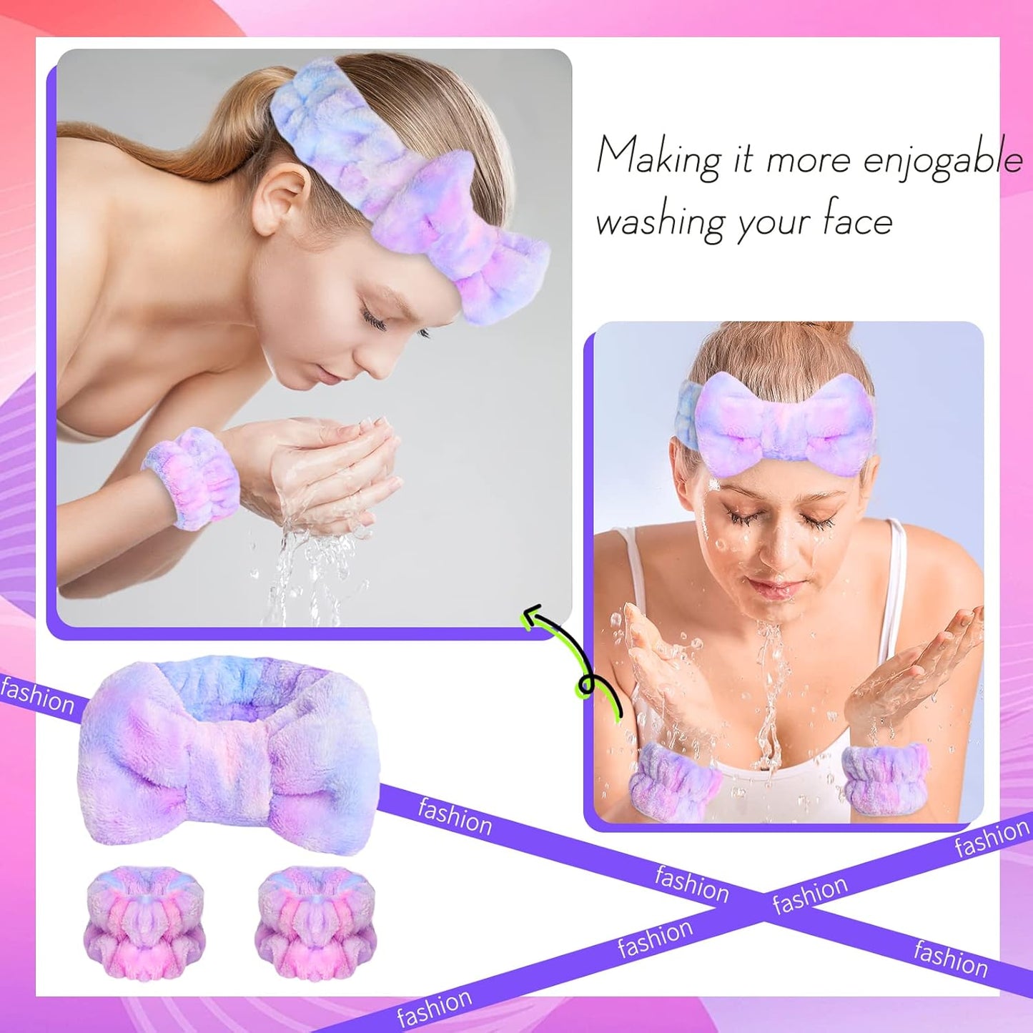 WSYUB Spa Headband and Matching Wrist Bands for Washing Face, Fuzzy Skincare Bow Headbands, Soft Facial Makeup Head Bands, Shower Hair Sleepover Party Supplies